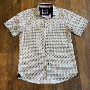 Silver Stone Button UpShirt Modern Fit Brown Blue Flower Geometric Print